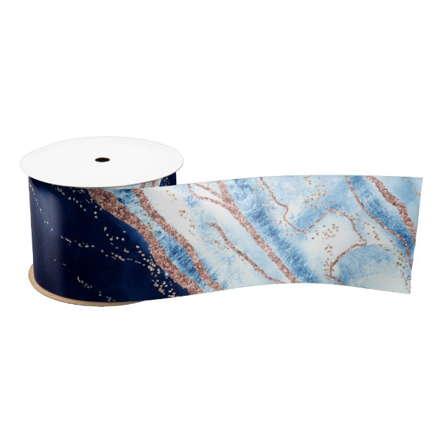 Sapphire Blue Rose Gold Geode Agate Marble Wedding Satinband (Spule)