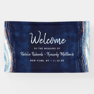 Sapphire Blue Rose Gold Geode Rock Wedding Willkom Banner