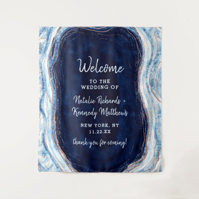 Sapphire Blue Rose Gold Geode Rock Wedding Willkom Wandteppich (Vorderseite)