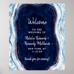 Sapphire Blue Rose Gold Geode Wedding Welcome Sign Poster
