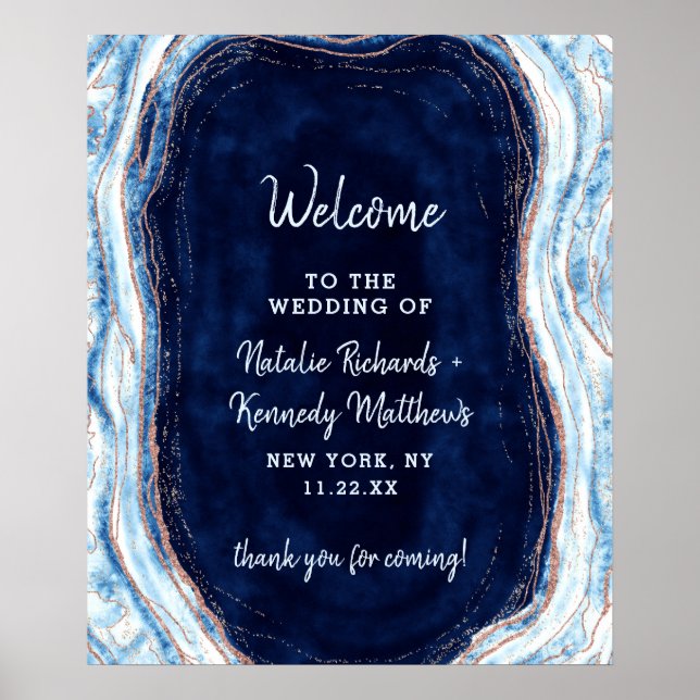 Sapphire Blue Rose Gold Geode Wedding Welcome Sign Poster (Vorne)