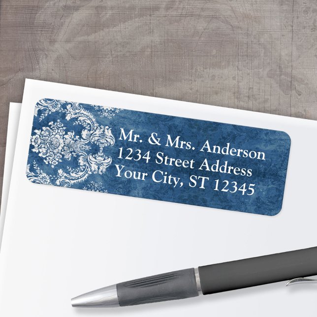 Sapphire Blue Rustic Damask Muster Hochzeit (Custom Return Address Label)