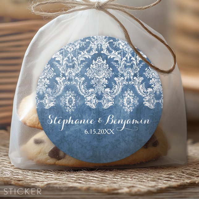 Sapphire Blue Rustic Damask Muster Hochzeit Runder Aufkleber (Custom Sticker)