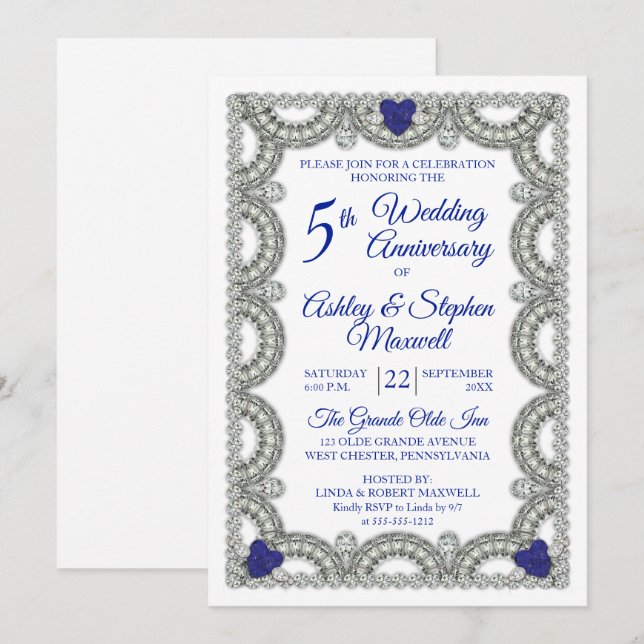Sapphire Diamond 5. Hochzeitstag Party Einladung (Vorne/Hinten)