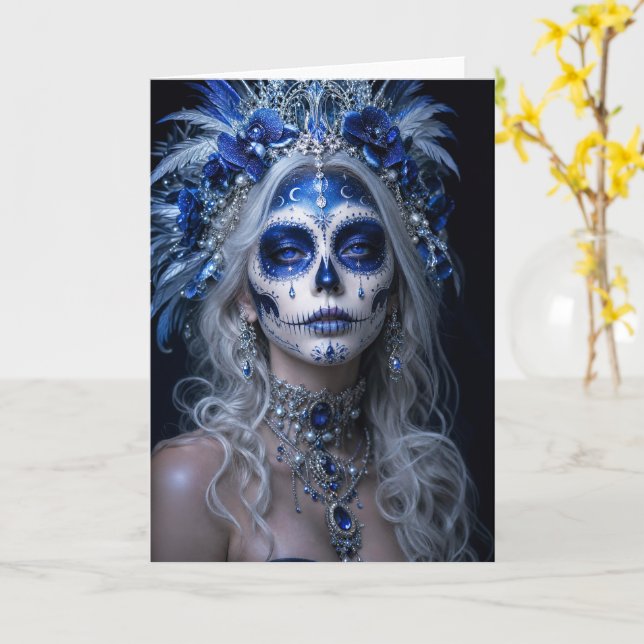 Sapphire Moon Calavera – Blauer himmlischer Tag de Karte (Gelbe Blume)