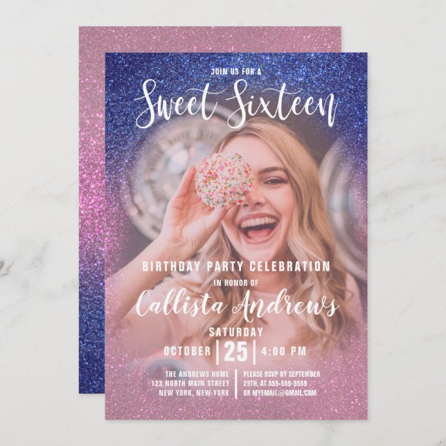 Sapphire Pink Triple Glitzer Ombre Foto Sweet 16 Einladung (Vorne/Hinten)