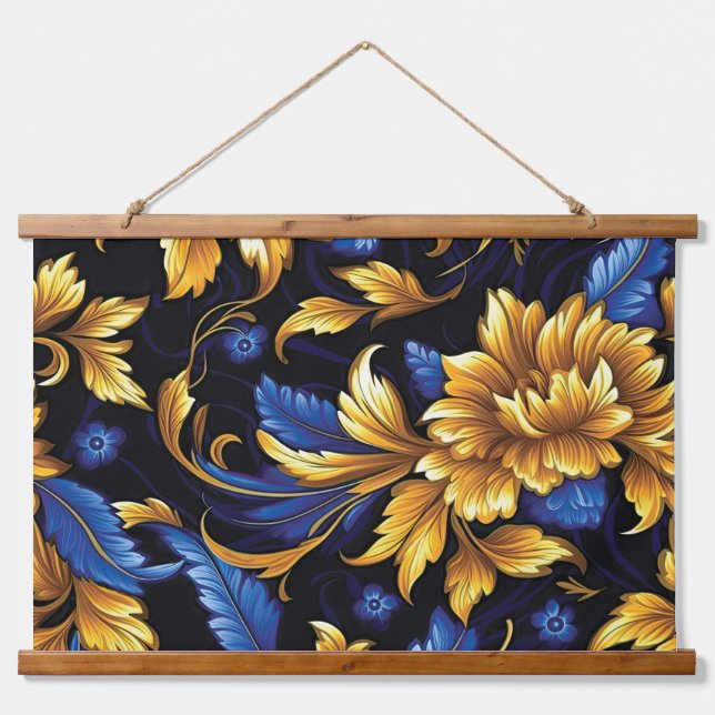 Sapphire Starlit Symphony Botanical Wandteppich Mit Holzrahmen (Vorne)