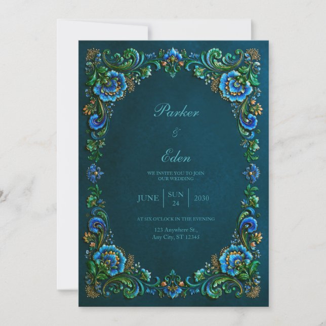 Sapphire Teal Floral Wedding Einladung (Vorderseite)