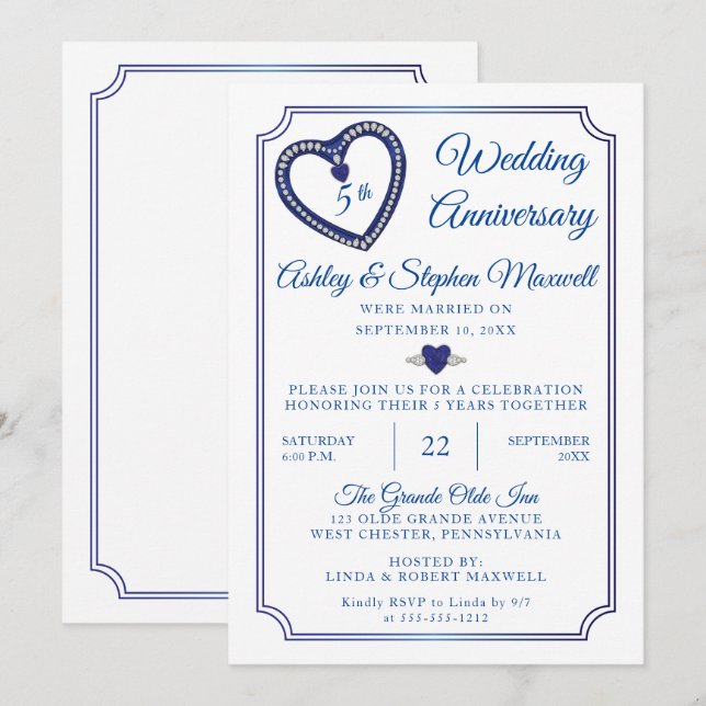 Sapphires Diamonds 5. Party zum Hochzeitstag Einladung (Vorne/Hinten)