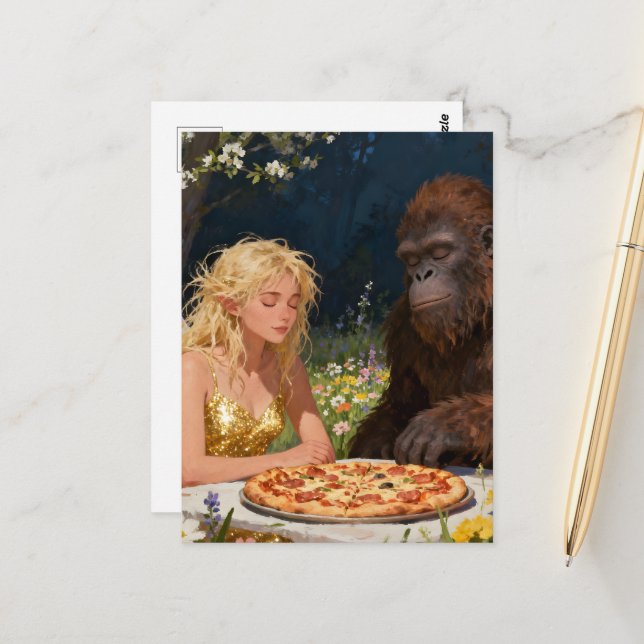 Saquatch and Fairy Pizza Party Postkarte (Vorderseite/Rückseite Beispiel)