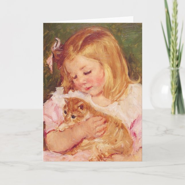 Sara, der eine Katze C. Mary Cassatt 1908 hält Karte (Vorderseite)