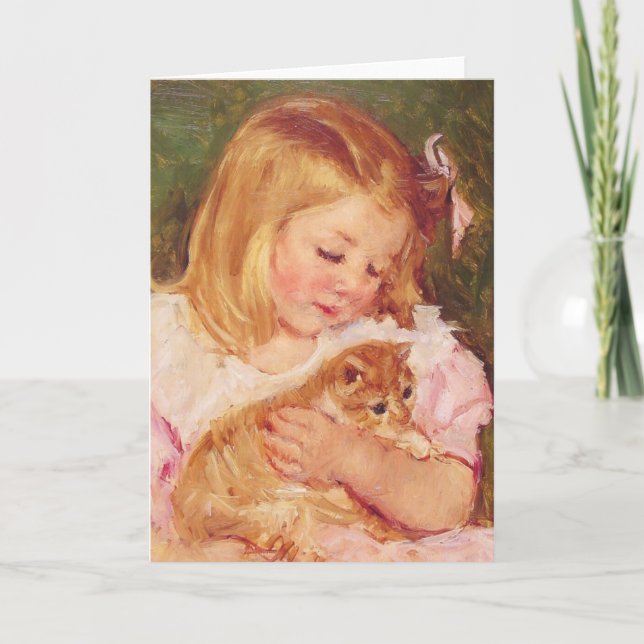 Sara hält eine Katze c. 1908 Mary Cassatt Karte (Vorderseite)