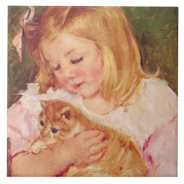 Sara Holding a Cat (von Mary Cassatt) Fliese (Vorderseite)