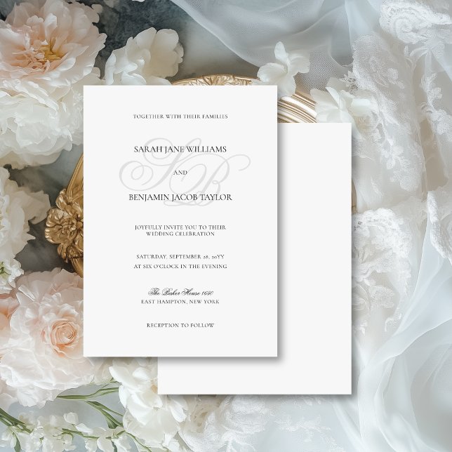 Sarah Elegant Monogram Schwarz-Weiß-Hochzeit Einladung (This elegant, vintage-inspired invite features your monograms in a classic calligraphy script font.)