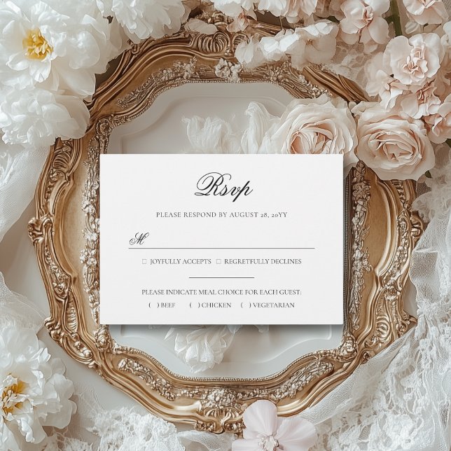 Sarah Elegante Black & White Meal Choice Hochzeit RSVP Karte (This meal choice RSVP card is perfect for an elegant, vintage wedding.)