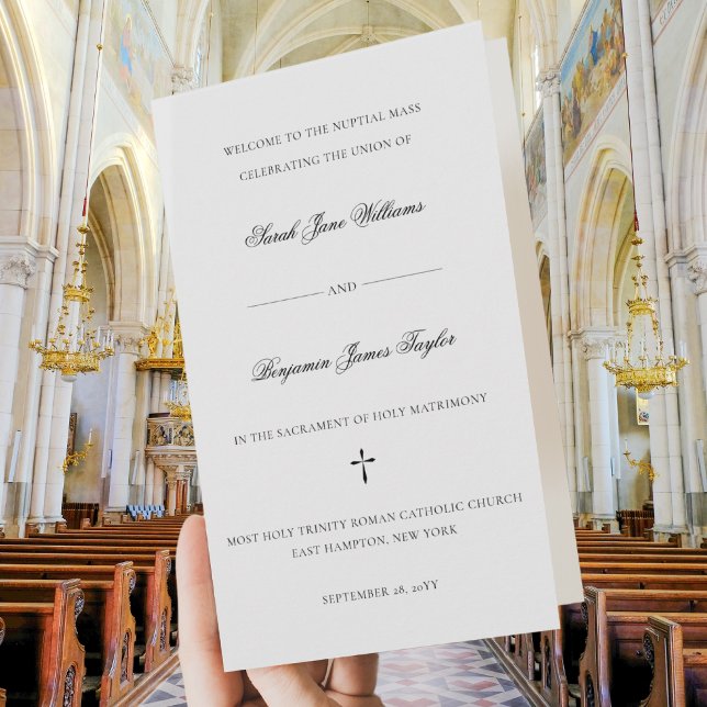 Sarah Full Mass Folded Katholic Wedding Program Programm (This elegant Catholic wedding program features a classic script font & text for a full nuptial Mass.)