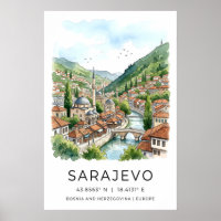Sarajevo-Aquarelldruck, Stadtansicht mit Moschee