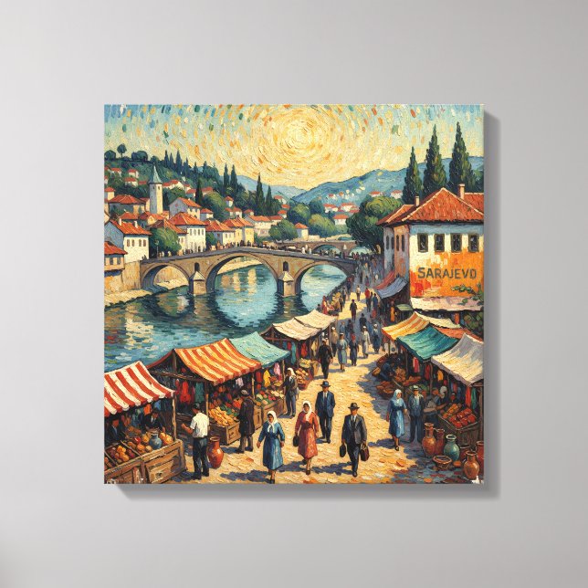 Sarajevo Riverside Bazaar Scene Canvas Art Leinwanddruck (Vorderseite)