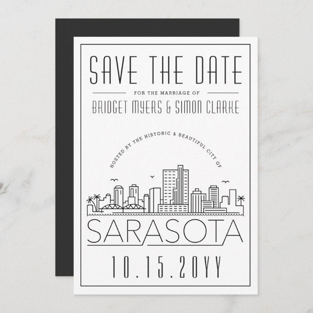 Sarasota Wedding | Stilisierte Skyline Save the Da Einladung (Vorne/Hinten)