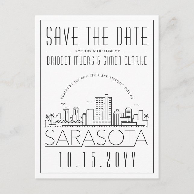 Sarasota Wedding | Stilisierte Skyline Save the Da Postkarte (Vorderseite)