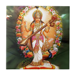 Saraswati mit Blumen Fliese