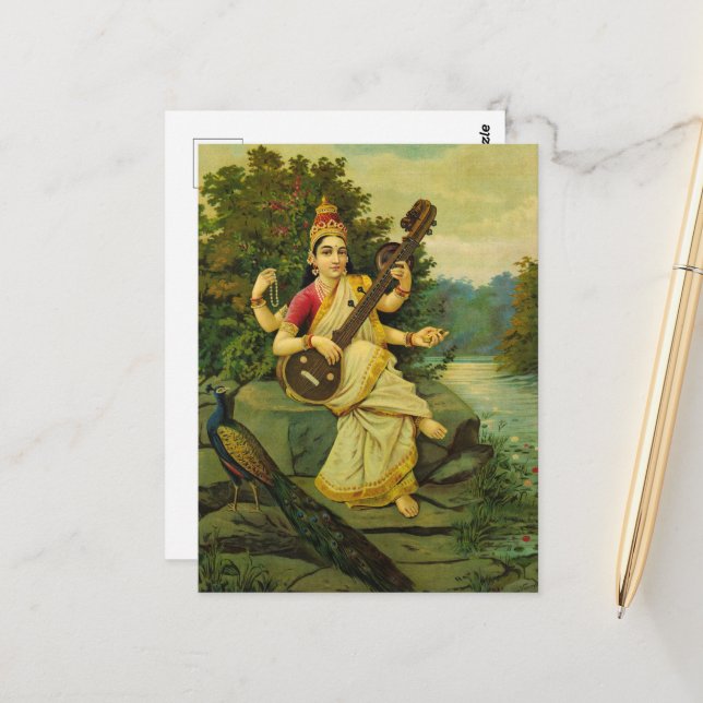 Saraswati, Musikgöttin von Raja Ravi Varma Postkarte (Vorderseite/Rückseite Beispiel)