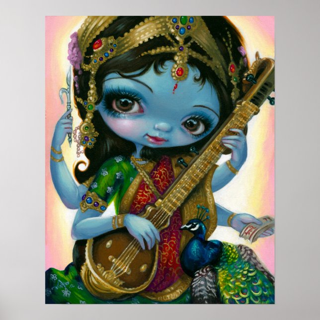 Saraswati Playing Veena Hindu Goddess Art DRUCKEN Poster (Vorne)