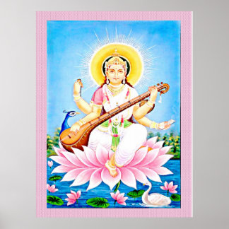 Saraswati sitzt auf einer Lotusblüte Poster