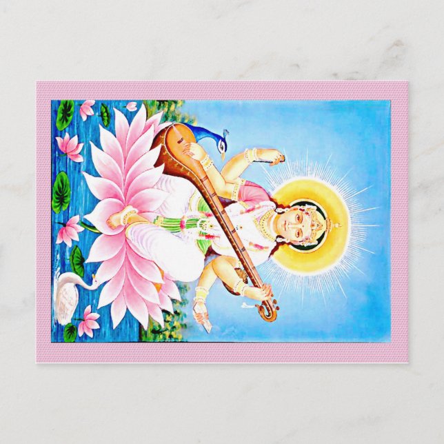 Saraswati sitzt auf Pink Lotus Postkarte (Vorderseite)