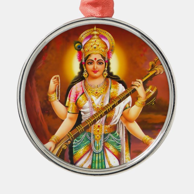 Saraswati Verzierung - Version 2 Silbernes Ornament (Vorne)