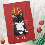 Sarcastic Christmas Cat Geschirrtuch<br><div class="desc">A funny sarcastic,  annoyed and unenthusiastic black and white tuxedo cat with Christmas antlers.  Ho ho ho,  and all that stuff.
Change the text or remove it to personalize further.</div>