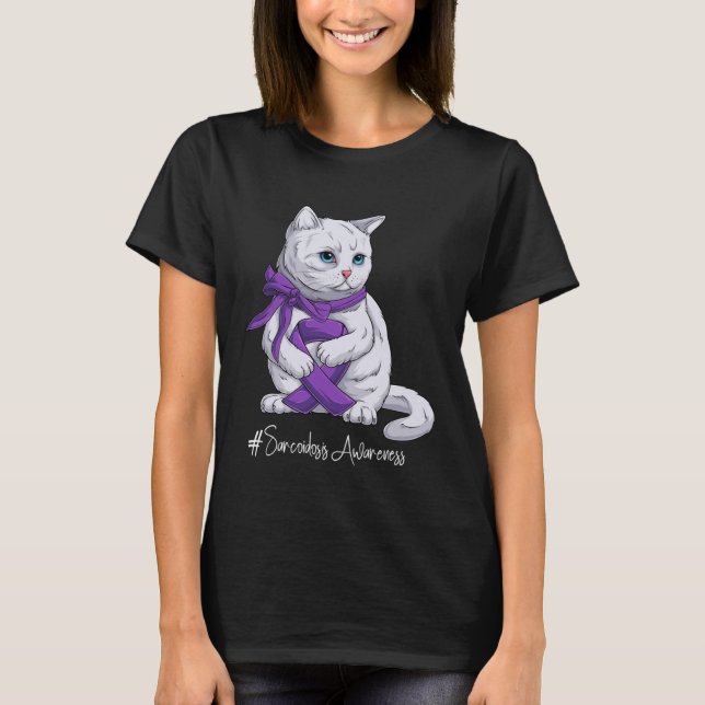 Sarcoidose Awareness Montag Lila Ribbon Katze T-Shirt (Vorderseite)