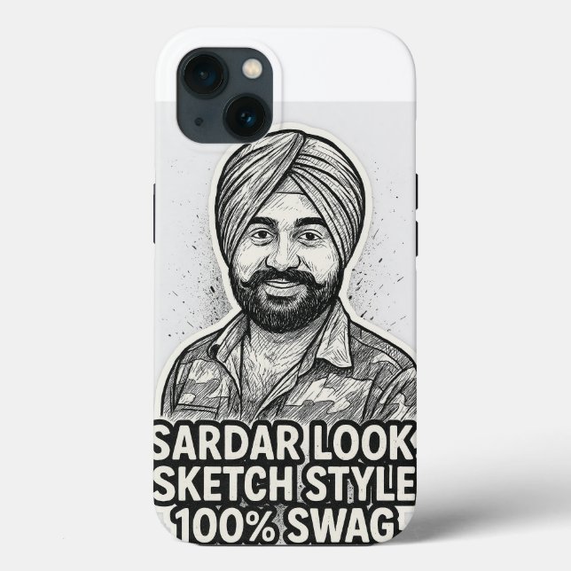 Sardar Sketch Swag iPhone 13 Hülle – Schwarz & Wei (Rückseite)