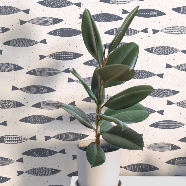 Sardine Fish Indigo Blue Cream Tapete (Fun coastal sardines fish wallpaper in indigo blue and cream)