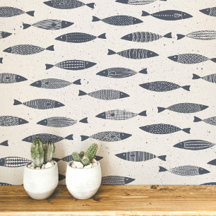 Sardinen-Fisch Indigo Blau Creme Tapete