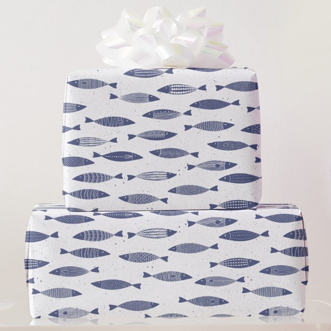 Sardinen-Fisch Navy Blau Weiß Küste Geschenkpapier (Sardine fish blue and white block print Mediterranean gift wrap paper roll)