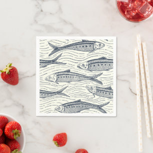 Sardinen in Bewegung in navy und elfenbein Serviette