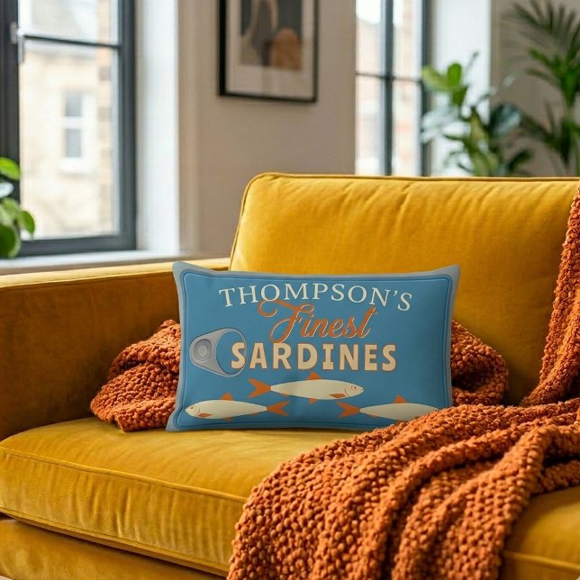 Sardines Tinned Fish Personalized Lendenkissen (Fun Personalized Sardines Tinned Fish Lumbar Pillow adds a pop of color and retro style to your sofa)