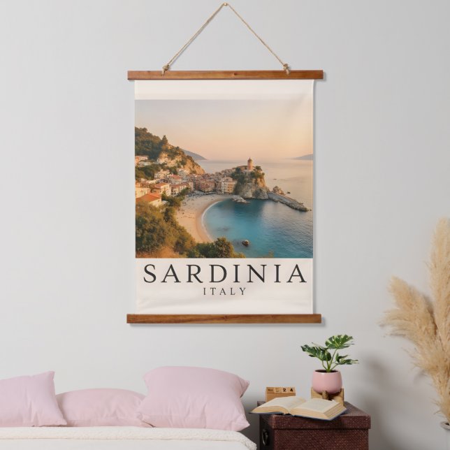 Sardinia Italy Coastal–Mediterranean Sunset Travel Wandteppich Mit Holzrahmen (Schlafzimmer)