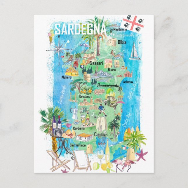 Sardinien Illustrierte Reisekarte Postkarte (Vorderseite)