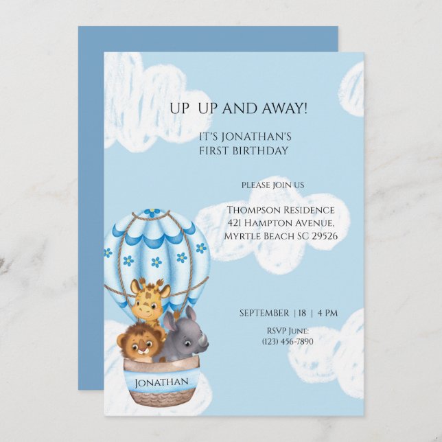 Sarfari Animal Hot Air Ballon Boys erster Geburtst Einladung (Vorne/Hinten)