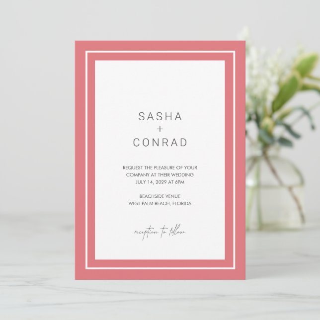 Sasha Coral Modern Wedding Einladung (Stehend Vorderseite)
