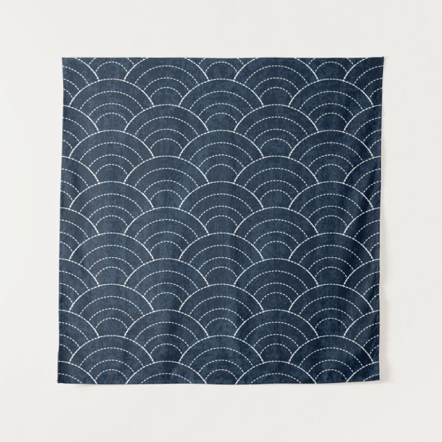 Sashiko seamless indigo dye pattern with tradition wandteppich (Vorderseite)