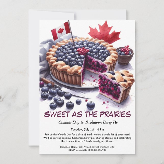 Saskatoon Berry Pie Watercolor Design Canada Day Einladung (Vorderseite)