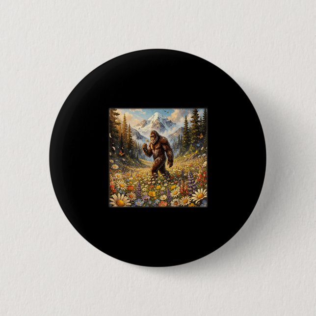 Sasquatch auf Löwenzahnblumenfeld Bigfoot Button (Vorderseite)