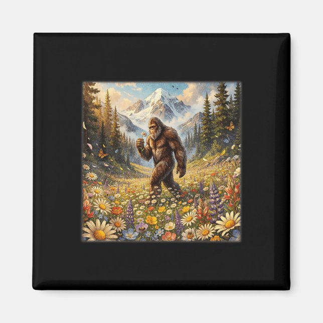 Sasquatch auf Löwenzahnblumenfeld Bigfoot Magnet (Vorne)