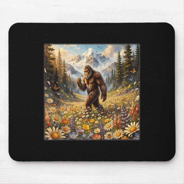 Sasquatch auf Löwenzahnblumenfeld Bigfoot Mousepad (Vorne)