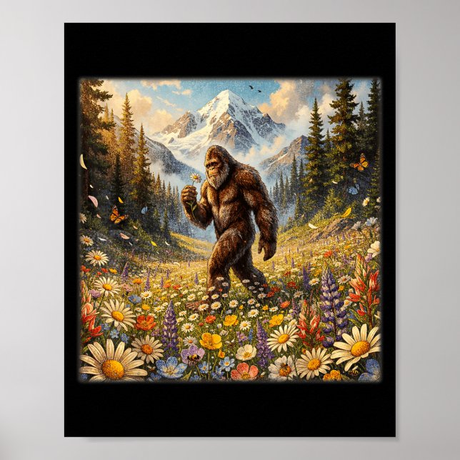 Sasquatch auf Löwenzahnblumenfeld Bigfoot Poster (Vorne)