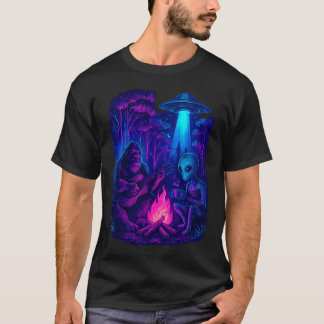 Sasquatch Bigfoot Gitarre und Alien Lagerfeuer UFO T-Shirt