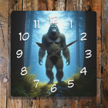 Sasquatch Bigfoot Quadratische Wanduhr<br><div class="desc">Ein Spaziergang von Bigfoot im Wald zwischen hohen Kiefernwald Uhr.</div>